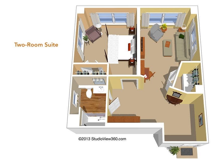 A 3D rendered floor plan of a room suite, showcasing the layout of an apartment including a bedroom, living area, and bathroom.