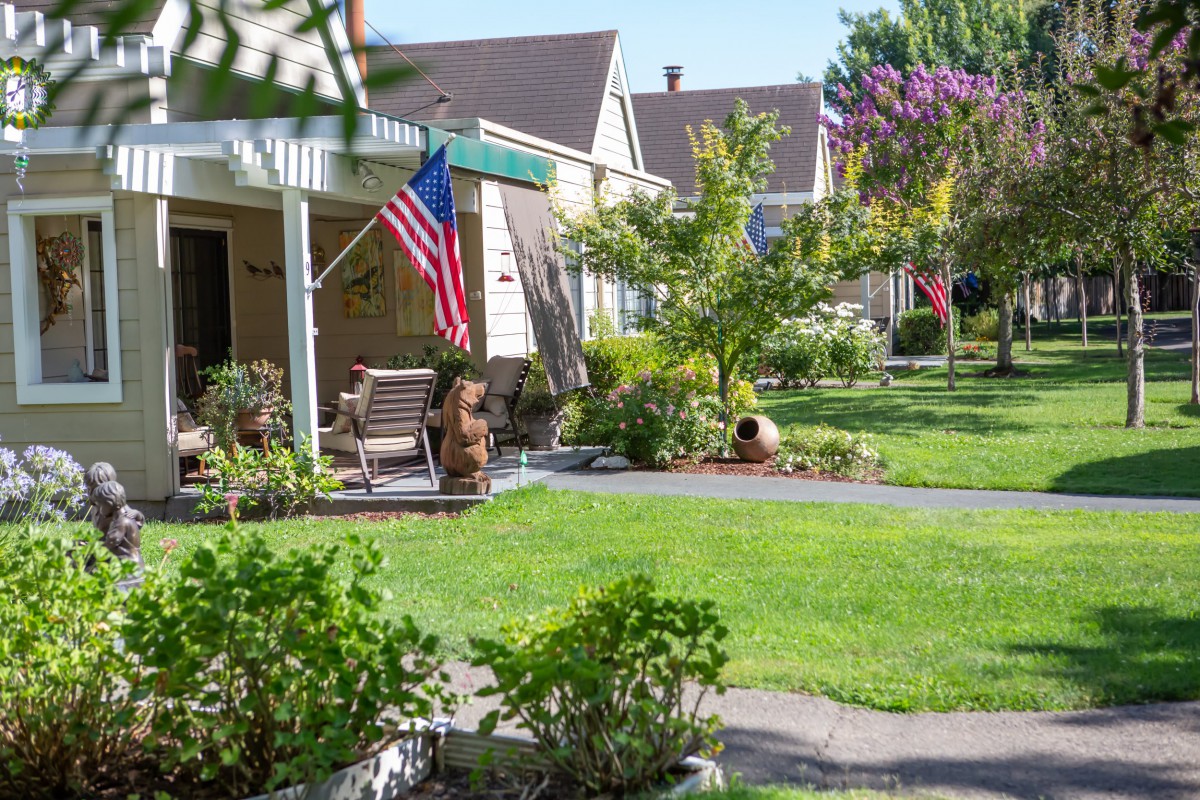 A peaceful residential neighborhood with well-maintained lawns and gardens, featuring houses with porches and American flags.