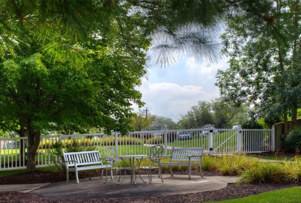 A peaceful park setting with benches and a fence surrounded by lush greenery.