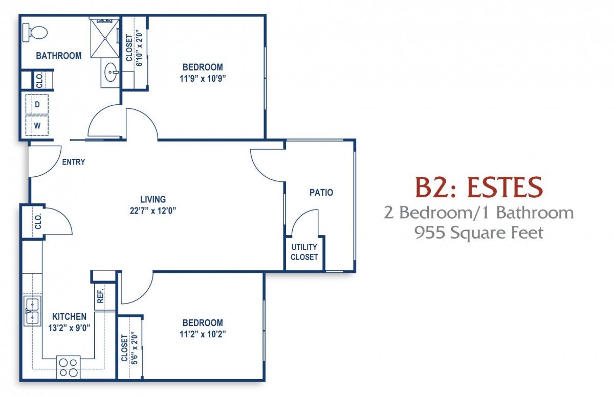 A floor plan of a B2 model apartment with 2 bedrooms, 1 bathroom, and a total area of 955 square feet.