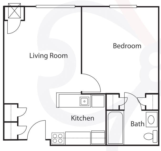 A simple floor plan of an apartment with a living room, kitchen, bedroom, and bathroom.