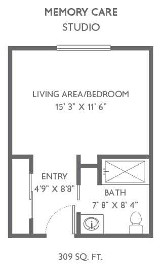 Floor plan of a studio apartment with living area and bathroom.