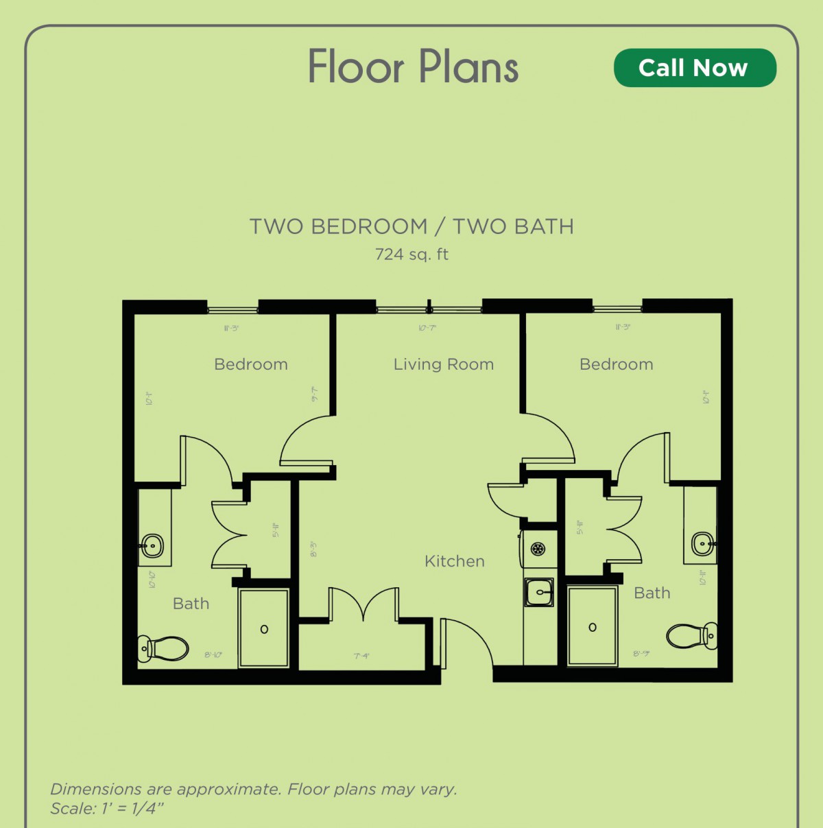 A floor plan showing a two-bedroom, two-bathroom apartment layout.
