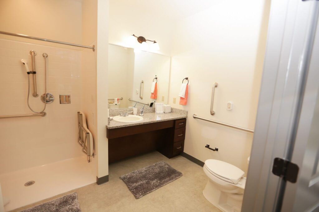 A bathroom with accessible features including handrails, a shower, and a large mirror.