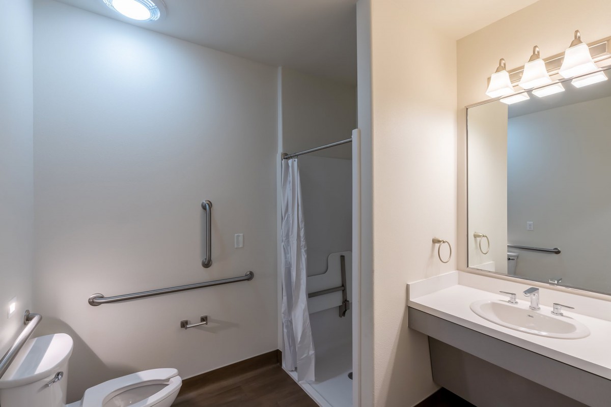 Modern and accessible bathroom with a shower, sink, and toilet.