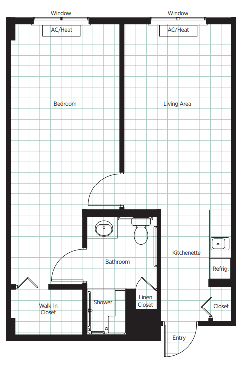 A simple apartment floor plan showing a bedroom, living area, kitchen, and bathroom.