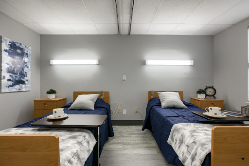 A modern, well-lit shared bedroom featuring two neatly made beds with blue bedspreads.