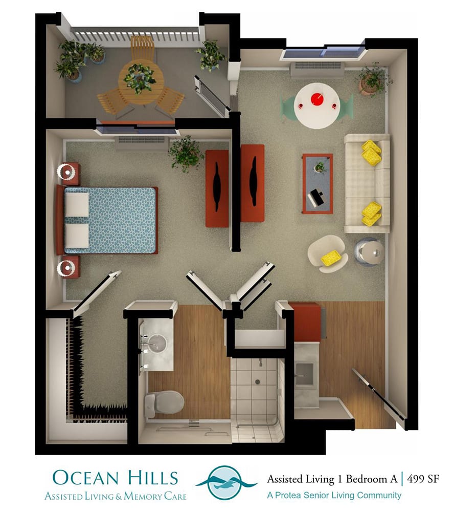 A floor plan of a one-bedroom apartment, showcasing the layout of the living room, kitchen, bathroom, and bedroom with furniture placement.