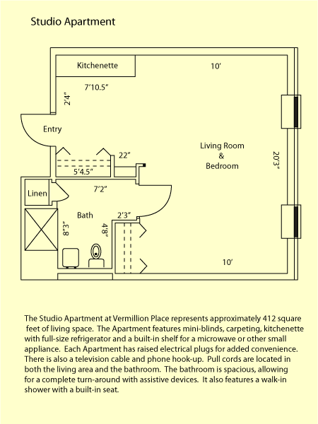 Floor plan of a studio apartment with kitchen, bath, and living/sleeping area layout.