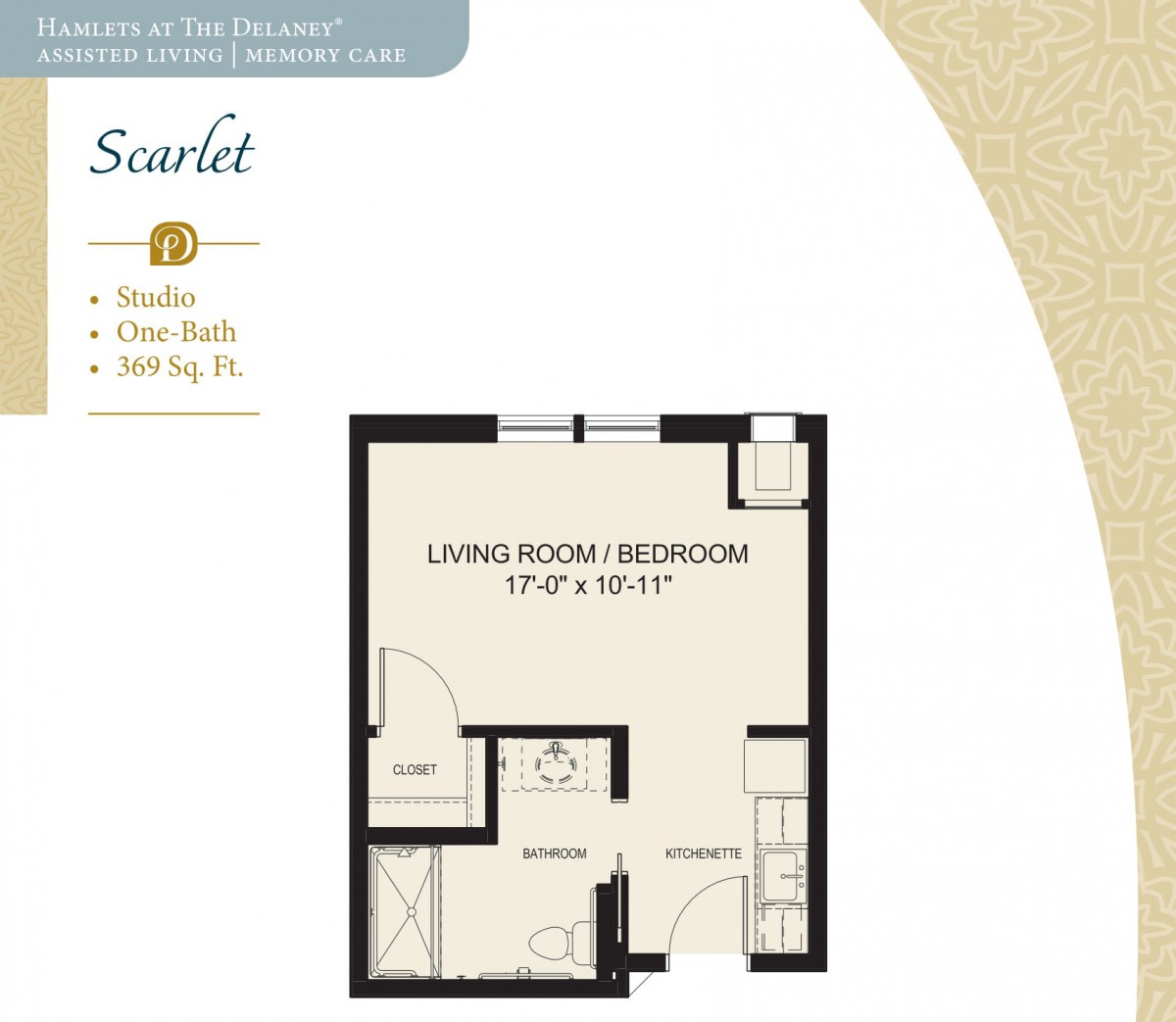 A floor plan of a studio apartment labeled 'Scarlet' with dimensions and layout details.