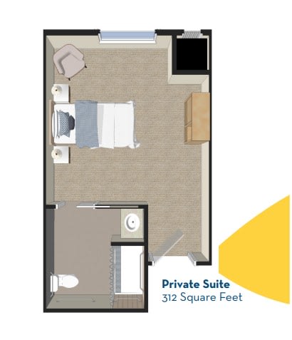 Floor plan of a private suite measuring 312 square feet.