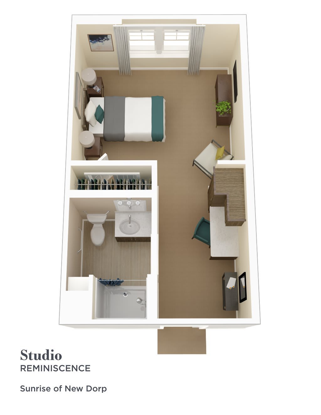 Studio apartment floor plan with furniture layout.