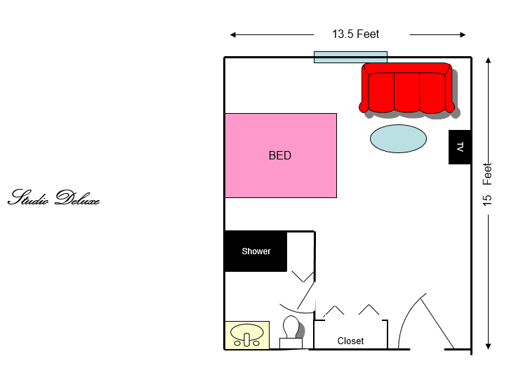 A simple bedroom floor plan illustrating the placement of furniture such as a bed, closet, and couch.