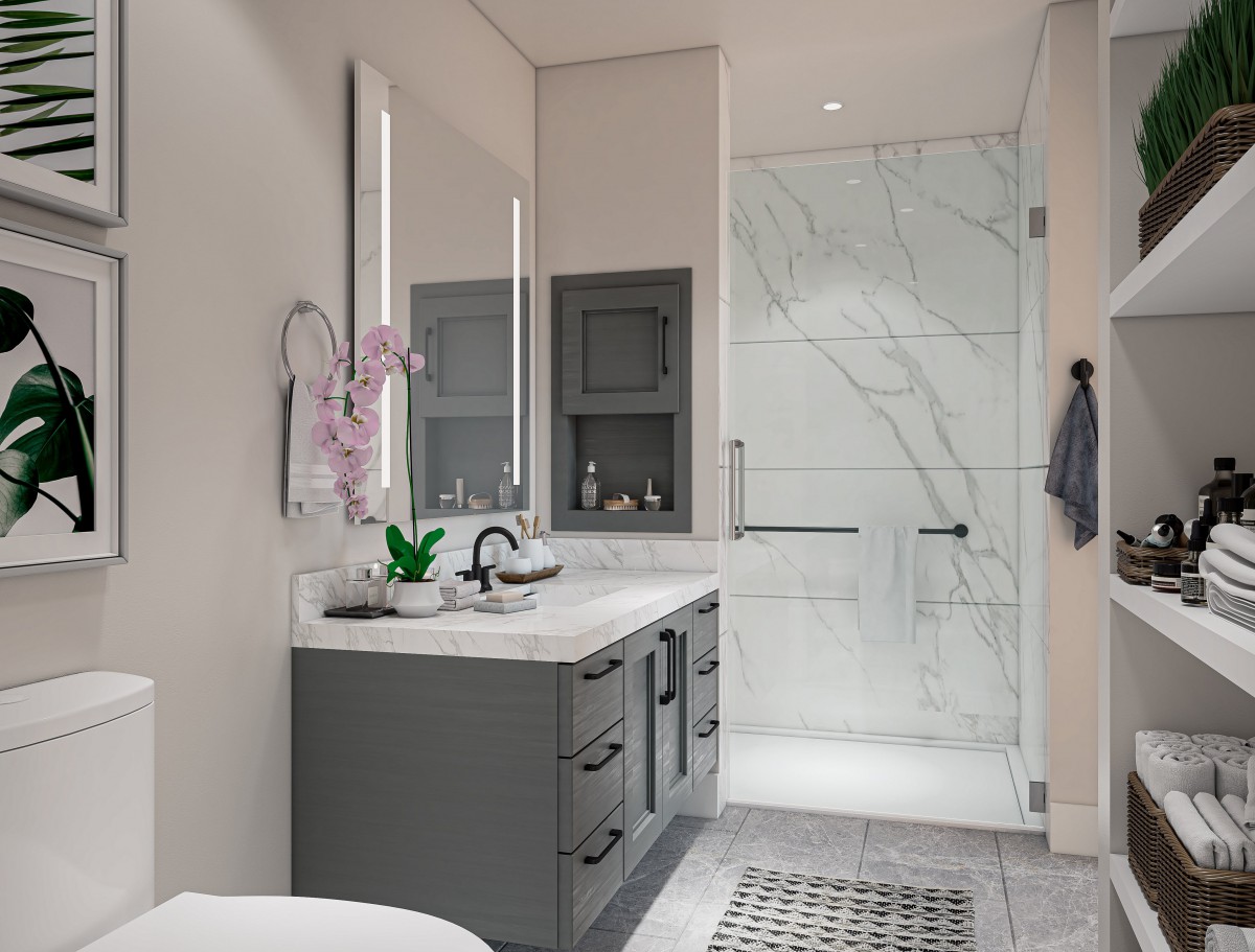 A sleek and modern bathroom featuring a stylish vanity, large mirror, and a glass-enclosed shower.
