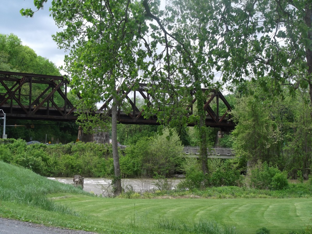 A scenic view of a bridge over a river surrounded by lush greenery.