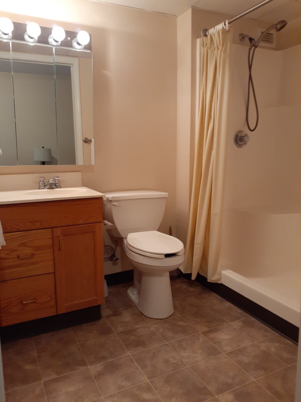 A bathroom with a sink, toilet, and shower area.