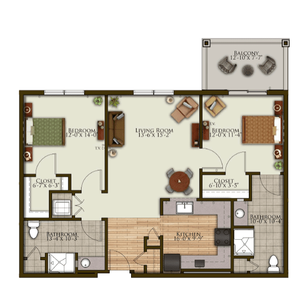 A detailed floor plan of a two-bedroom apartment featuring a living room, kitchen, dining area, two bathrooms, and a balcony.