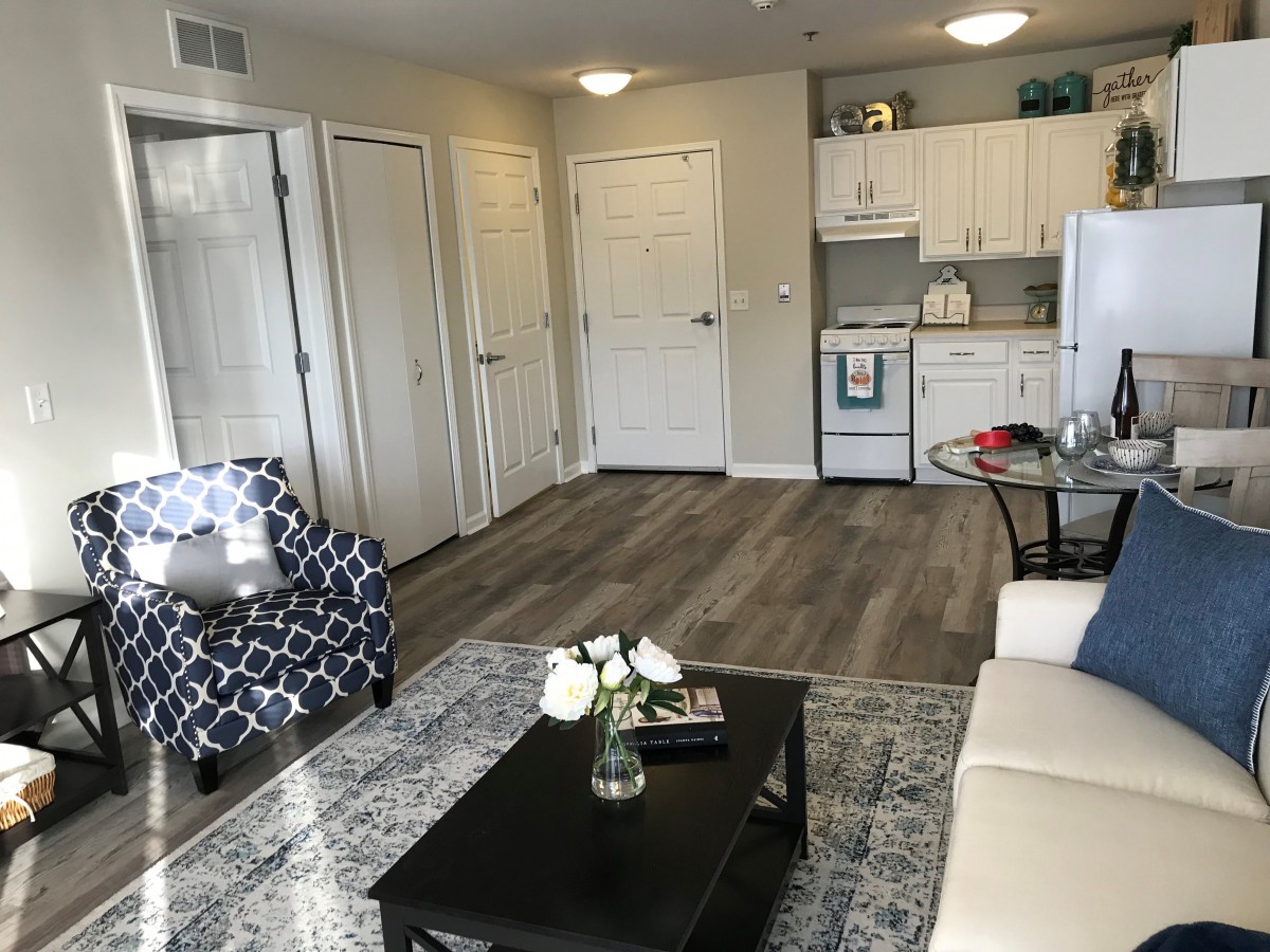 A modern open-concept living room and kitchen area in an apartment.
