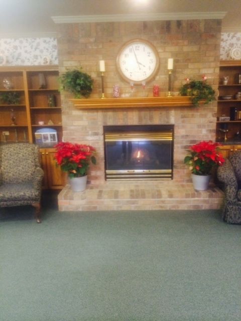 A cozy living room with a brick fireplace, decorative plants, and bookshelves.