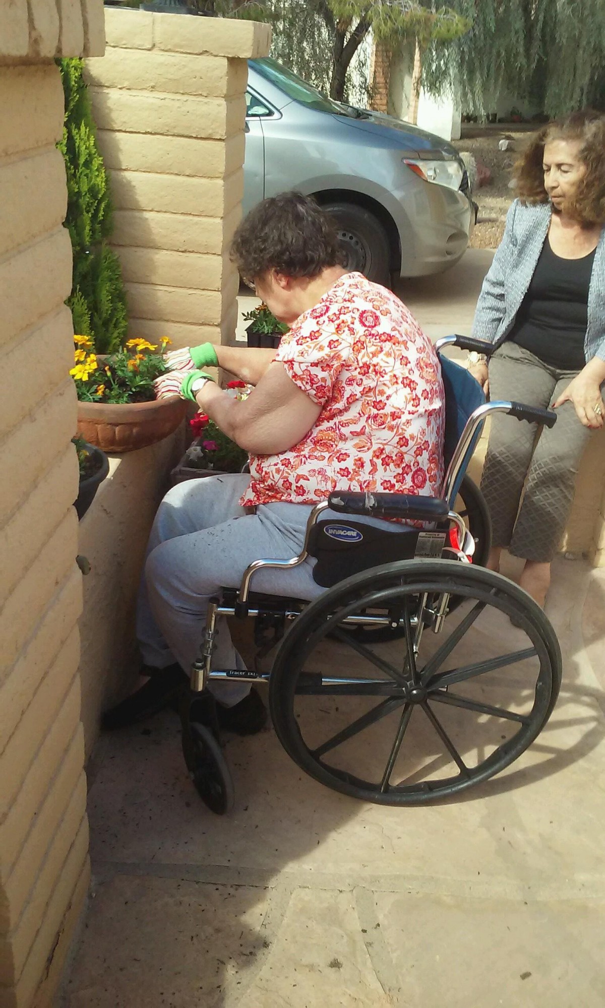 A person in a wheelchair tends to flowers, assisted by another individual.