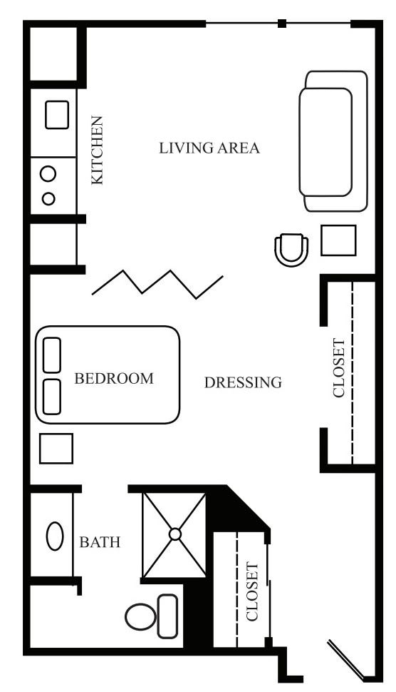 A floor plan of an apartment featuring a bedroom, kitchen, living area, bathroom, and closet.