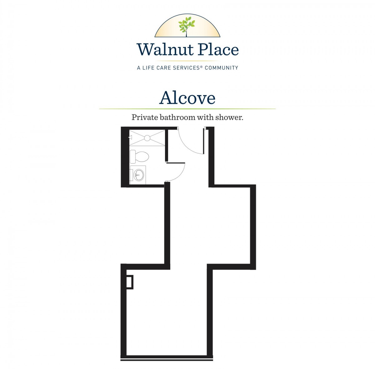 Floor plan of an alcove unit at Walnut Place.