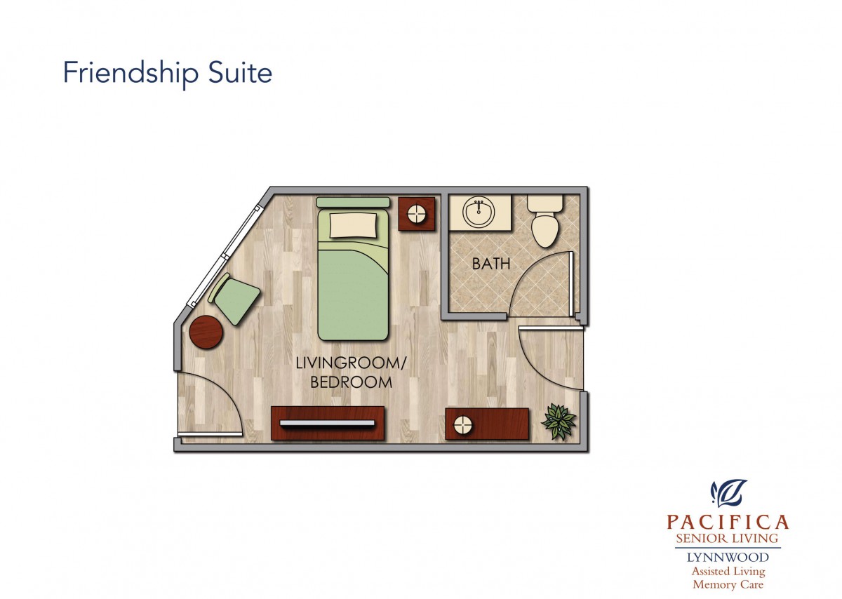 Floor plan of a Friendship Suite with bedroom and bathroom.