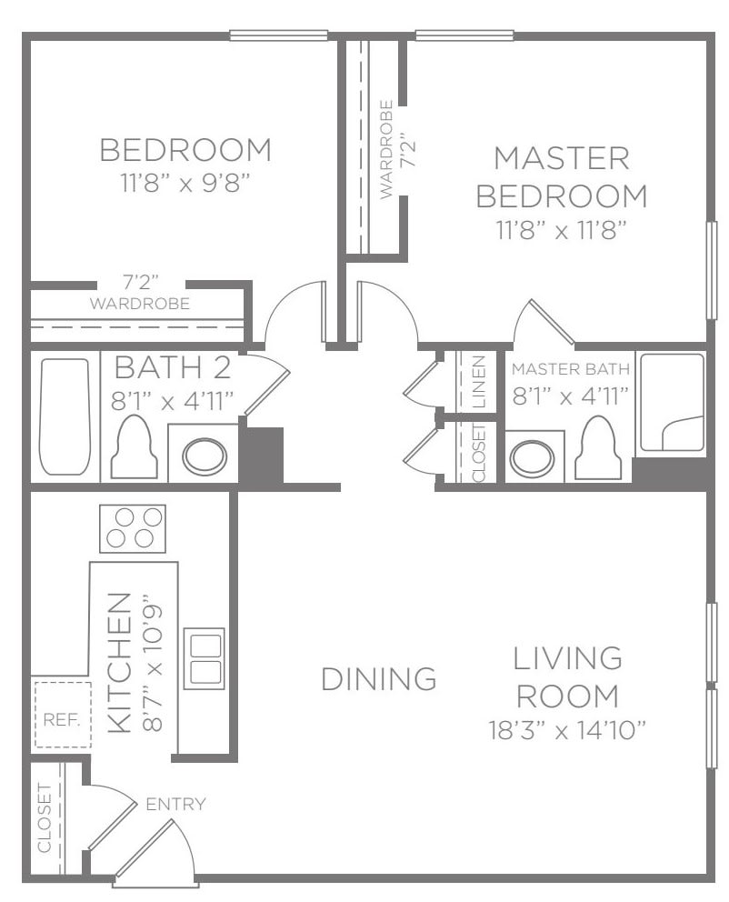 This is a floor plan of a two-bedroom apartment featuring a master bedroom, additional bedroom, living room, kitchen, and two bathrooms.