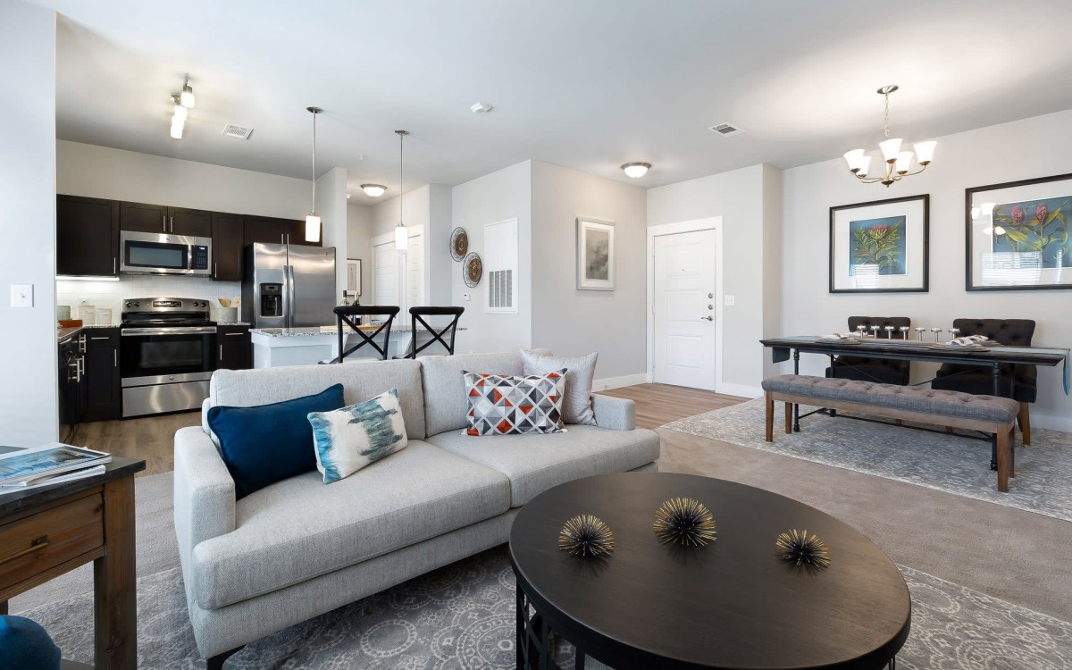 A modern open-concept living area with a stylish kitchen and comfortable seating.