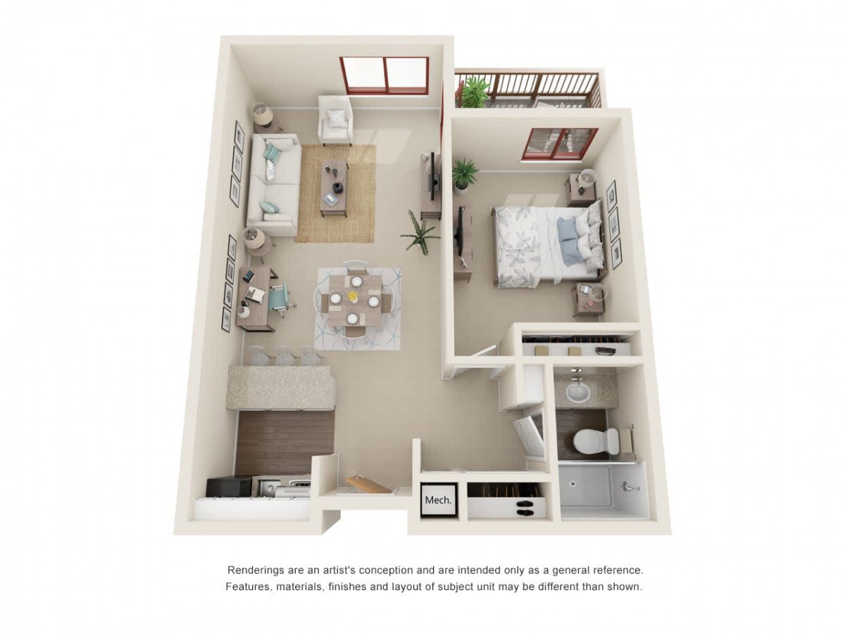 A 3D floor plan of a one-bedroom apartment featuring a living room, kitchen, bedroom, and bathroom.