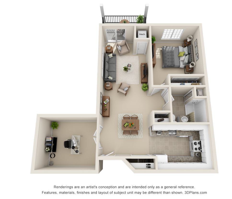 A 3D floor plan of an apartment featuring a living room, bedroom, kitchen, and office space.