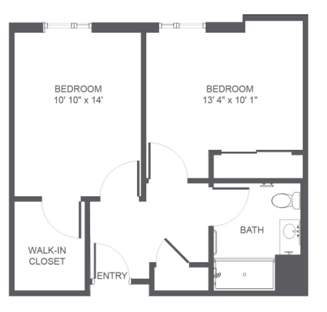 A two-bedroom apartment floor plan with a walk-in closet and bathroom.