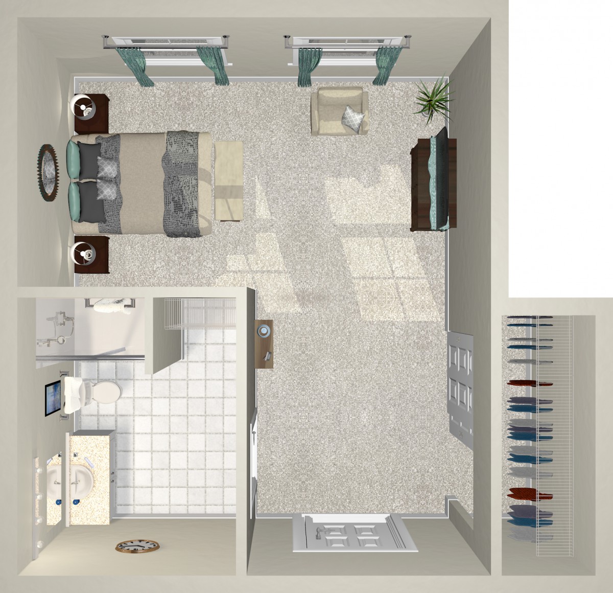A floor plan of a studio apartment showcasing the layout and furniture arrangement.