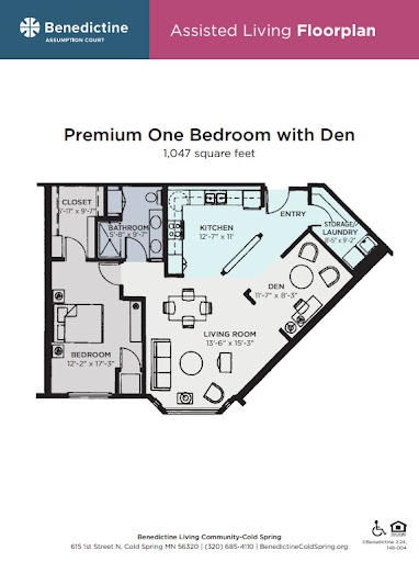 Floor plan for a Premium One Bedroom with Den, measuring 1,047 square feet.