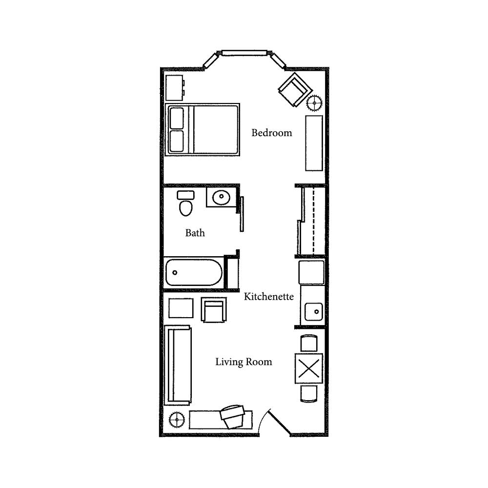 A simple floor plan depicting a one-bedroom apartment layout.