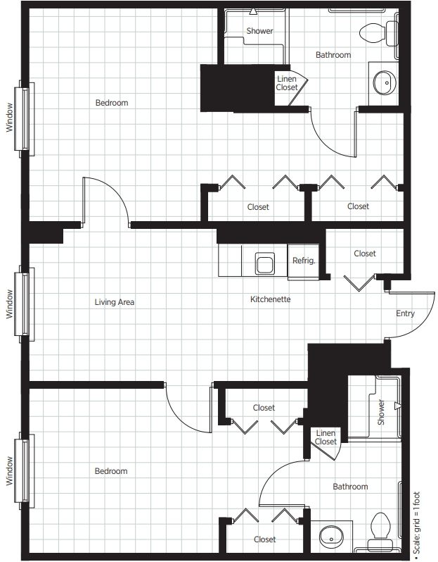 A floor plan illustrating the layout of an apartment with multiple rooms, including a kitchen, bathroom, and living areas.