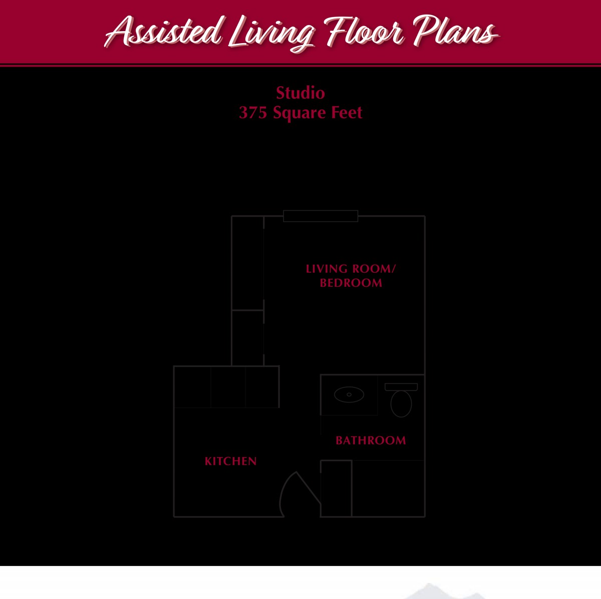 Floor plan of an assisted living single apartment unit.