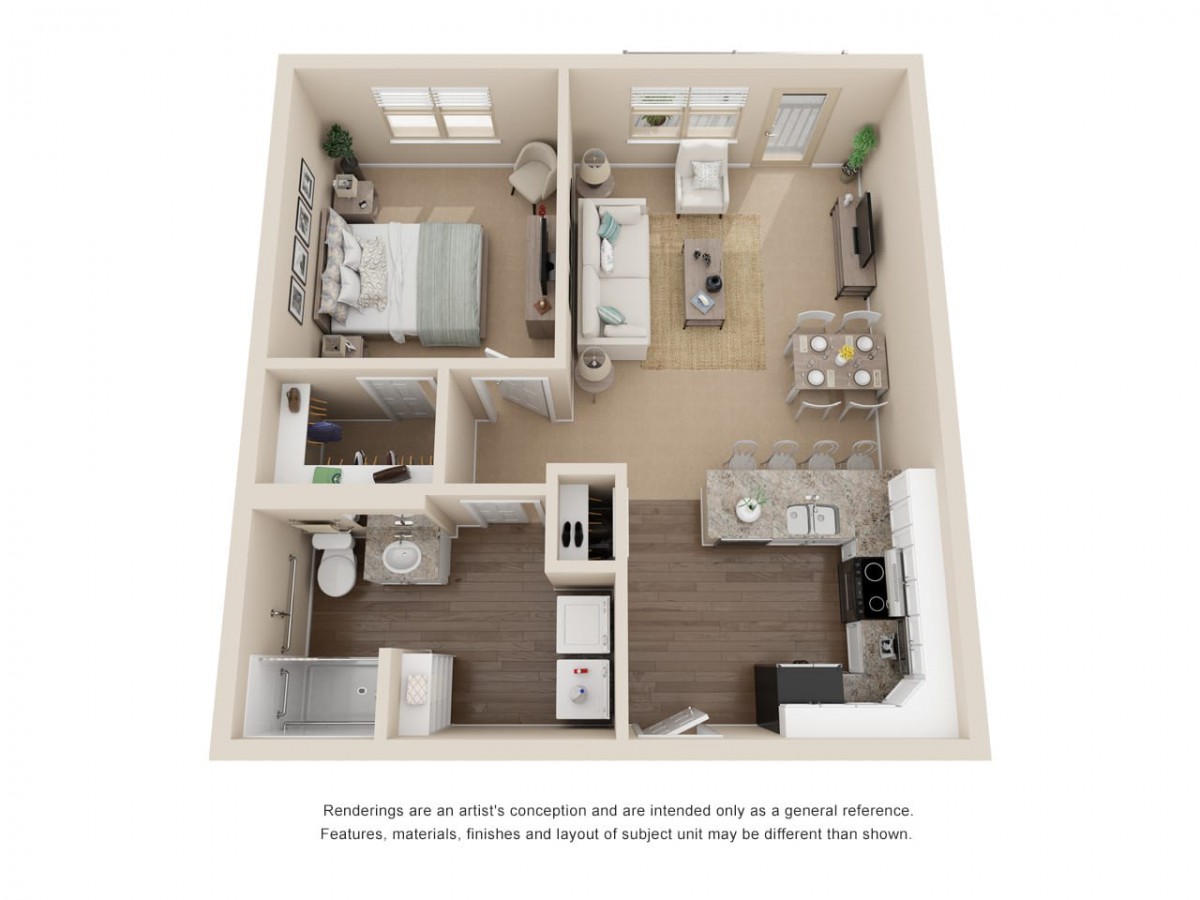 A modern one-bedroom apartment floor plan showcasing an open-concept layout with a kitchen, living area, bedroom, and bathroom.