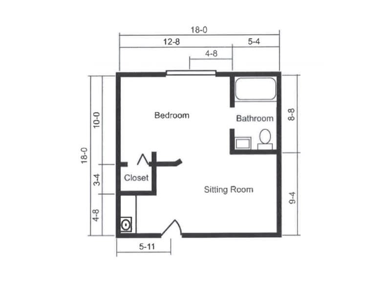 A simple floor plan with labeled rooms including a bedroom, bathroom, and sitting room.