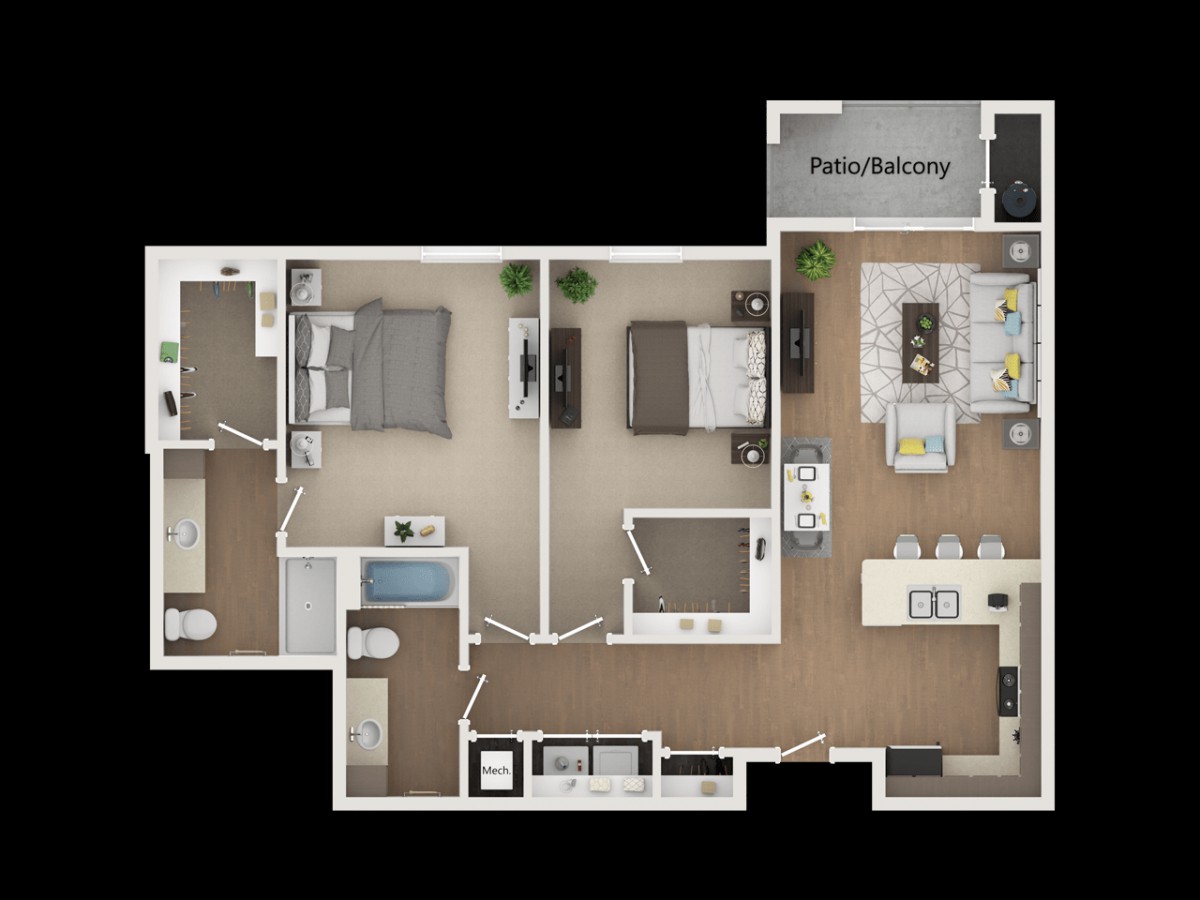 A two-bedroom apartment floor plan featuring a living room, kitchen, dining area, bathroom, and patio/balcony.
