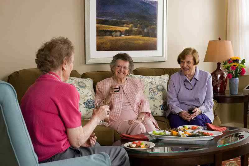 A group of elderly women are enjoying a social gathering in a cozy living room, sharing snacks and laughter.
