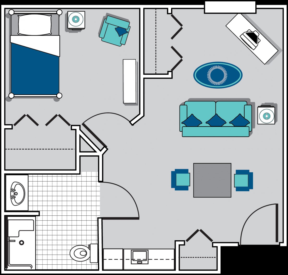 A floor plan of a one-bedroom apartment featuring a living room, bedroom, and bathroom.
