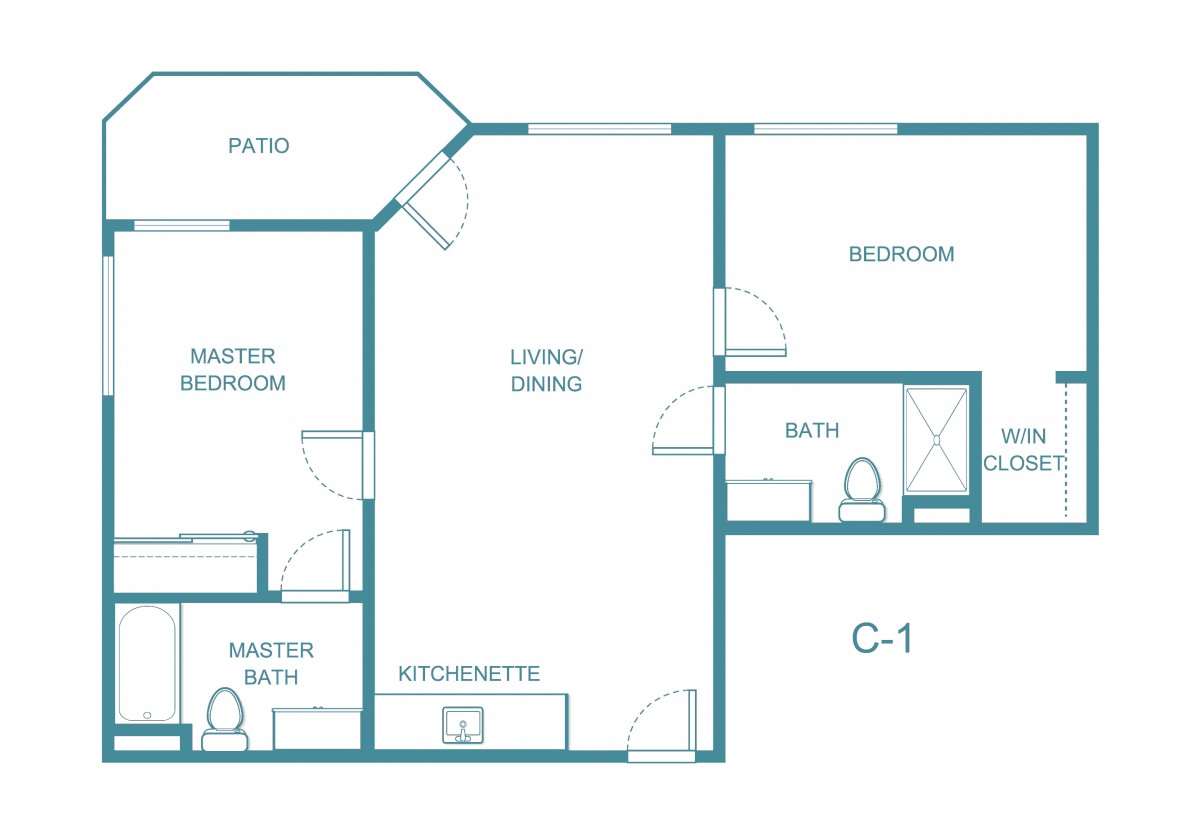 A floor plan of a two-bedroom apartment with living/dining area, kitchenette, and two bathrooms.