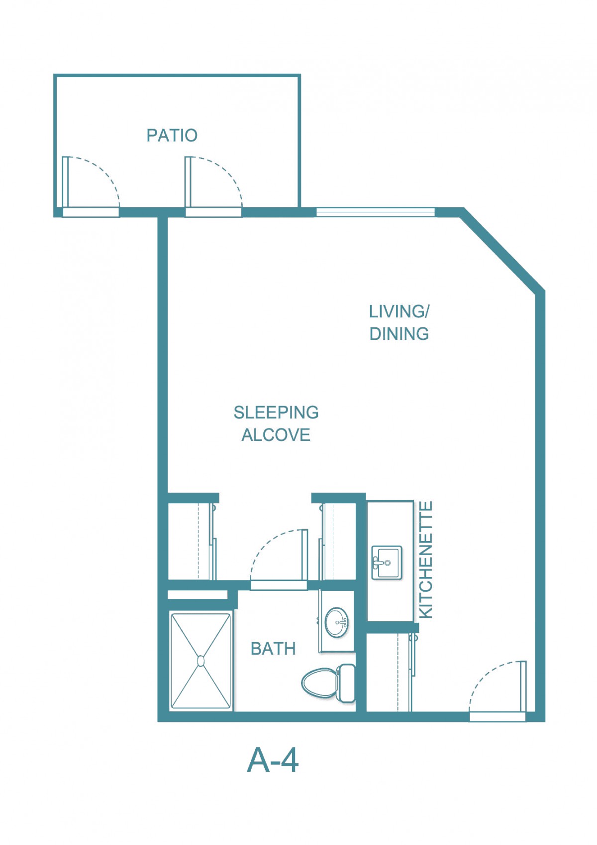 Studio apartment floor plan with a living/dining area, sleeping alcove, bathroom, and patio.