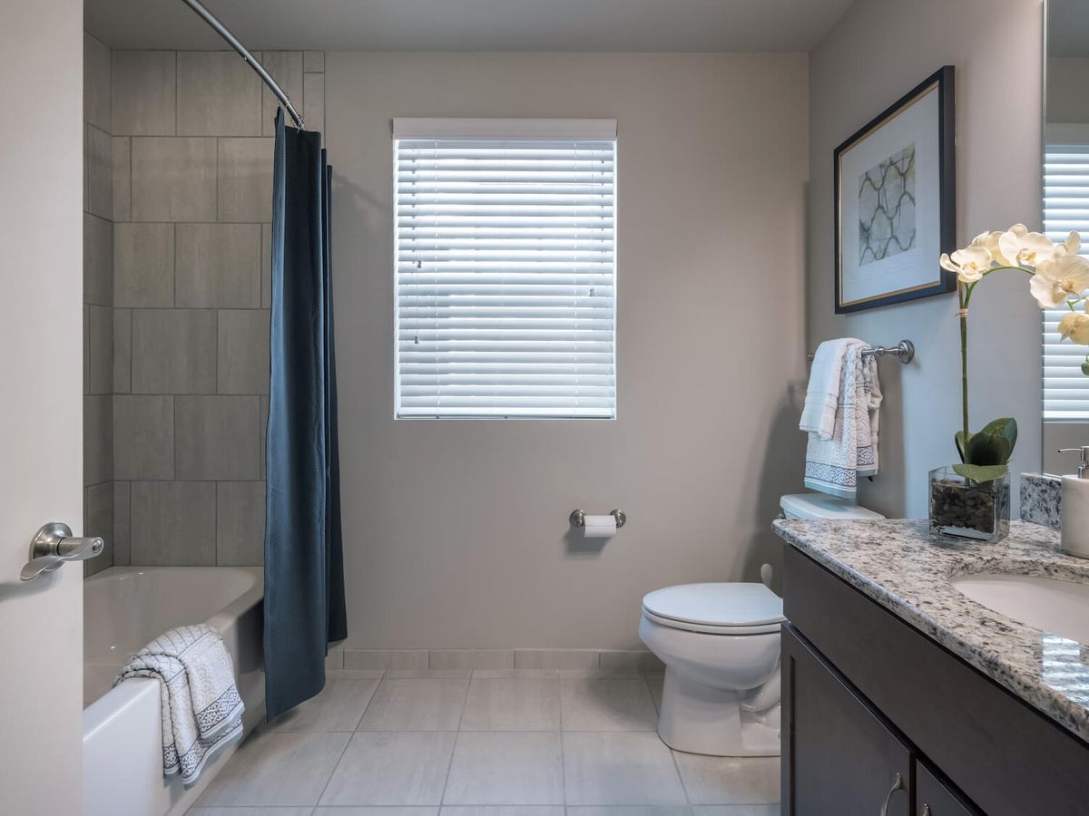 A modern bathroom featuring a shower, toilet, sink, and window with blinds.