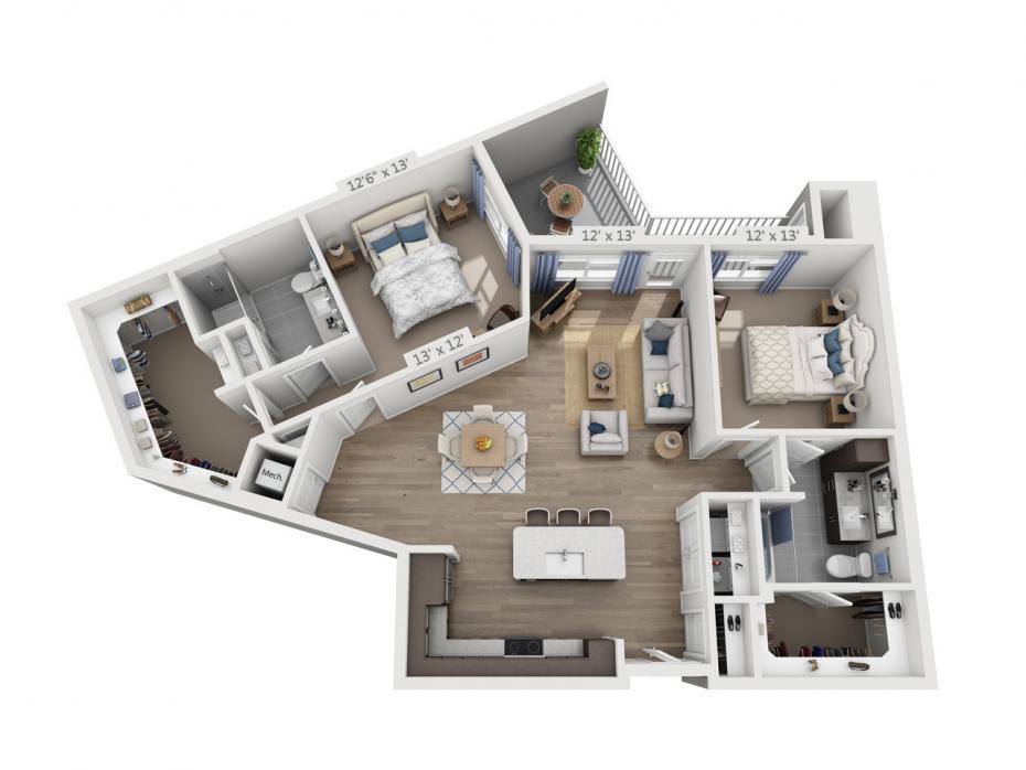 A modern and spacious two-bedroom apartment floor plan with an open concept living area.