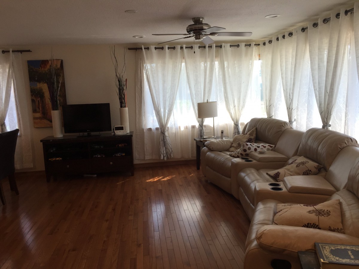 A cozy living room with a sofa, TV, and natural light streaming through the curtains.