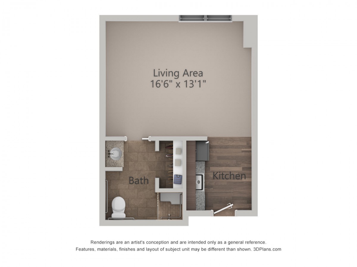 A floor plan of a studio apartment featuring a living area, bathroom, and kitchen.