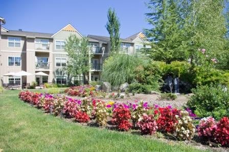 A scenic garden with vibrant flowers in front of a building on a sunny day.