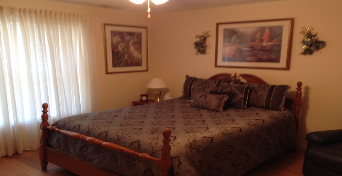 A cozy bedroom with a large bed, bedside lamp, and decorative paintings on the wall.